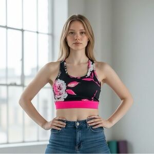 Inspire Black and Pink Floral Sports Bra